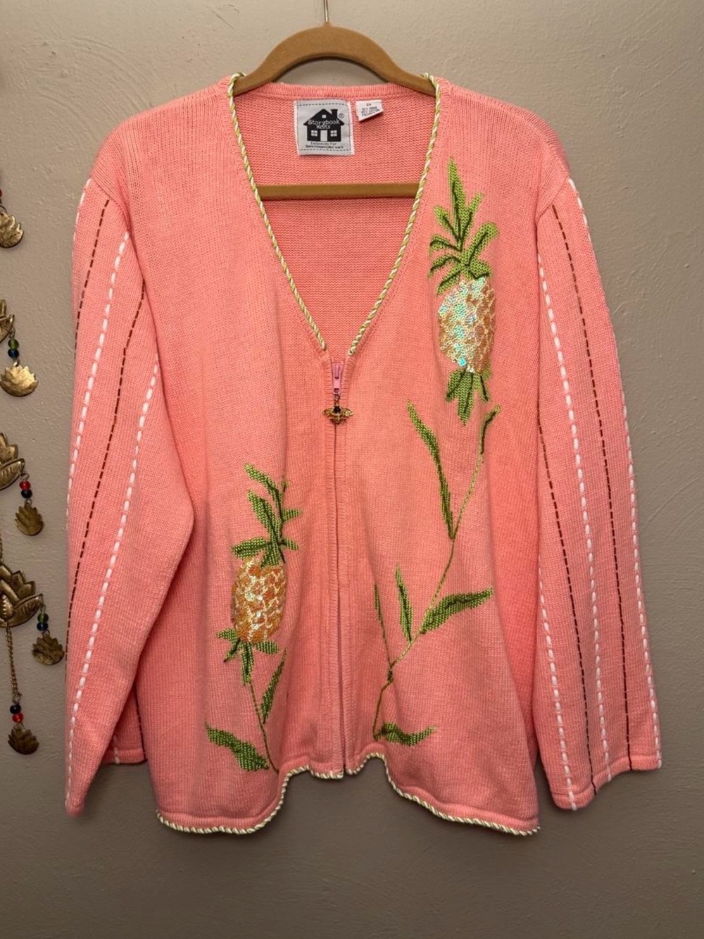 Vintage Storybook knits Pink Coral Pineapple Sequin Embroidered Cardigan Size 2X